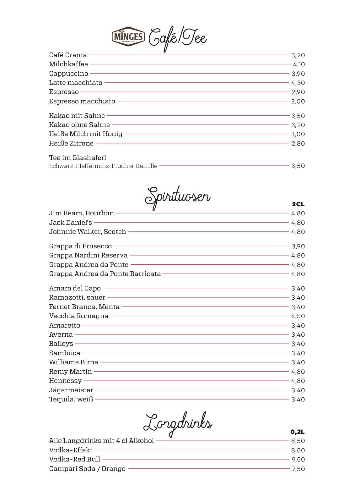 Cafe, Tee, Spirituosen, Longdrinks - Salino