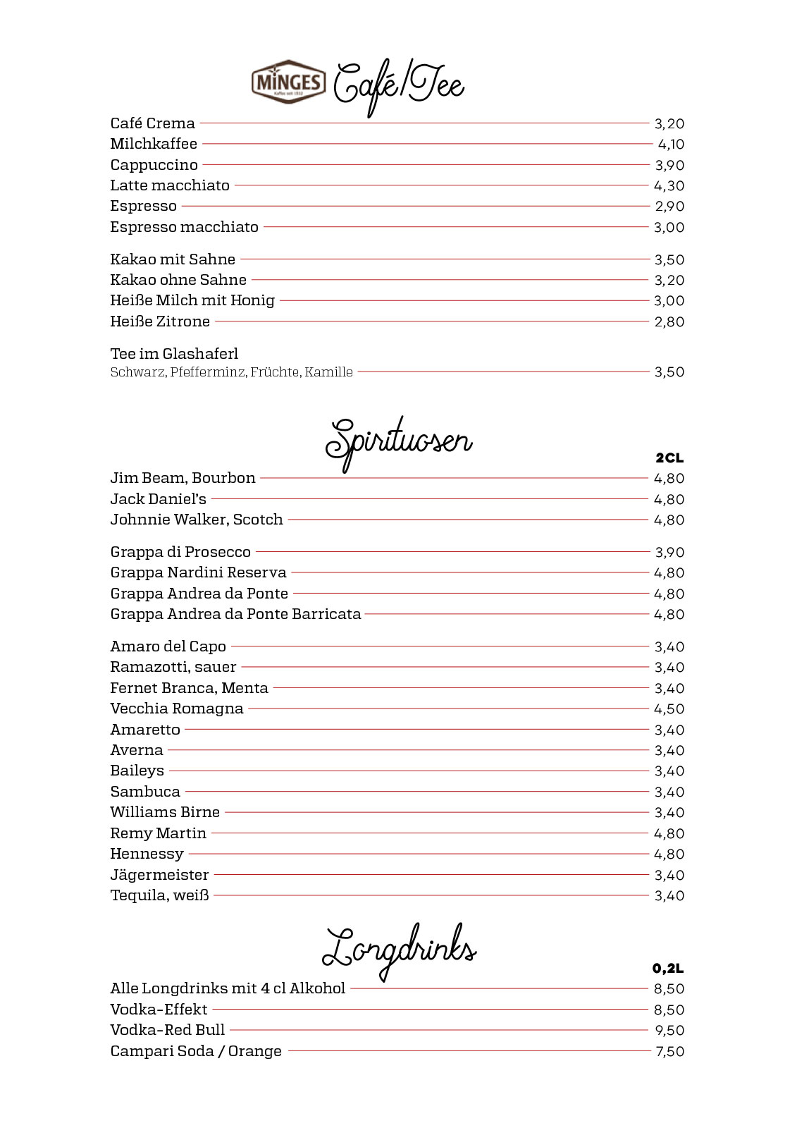 Cafe, Tee, Spirituosen, Longdrinks - Salino